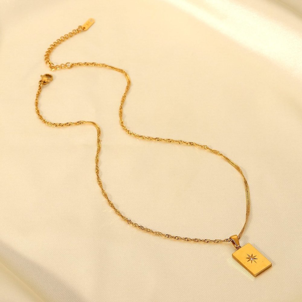 Star Zircon PVD 18K Gold Plated Rectangle Pendant Necklace Stainless Ste… - Picture 7 of 9